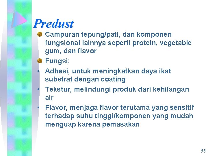 Predust Campuran tepung/pati, dan komponen fungsional lainnya seperti protein, vegetable gum, dan flavor Fungsi: