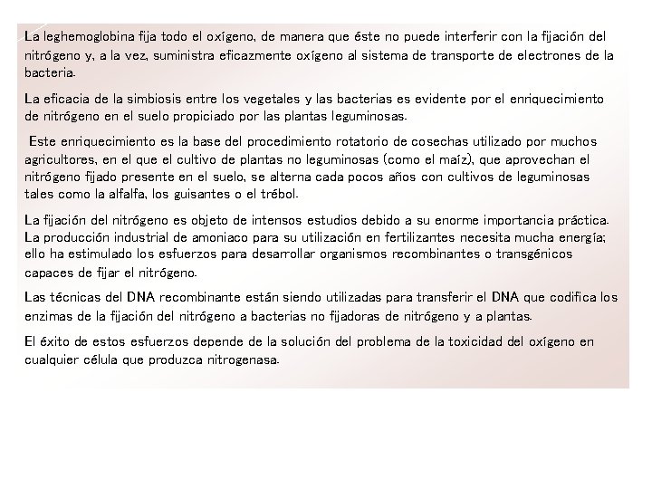 La leghemoglobina fija todo el oxígeno, de manera que éste no puede interferir con