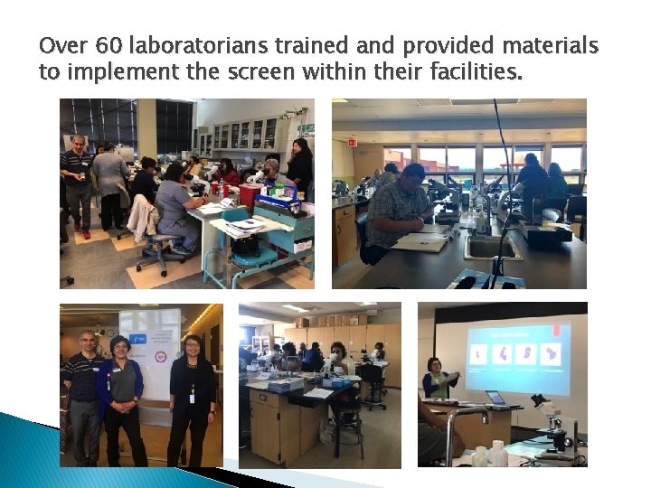 Over 60 laboratorians trained and provided materials to implement the screen within their facilities.