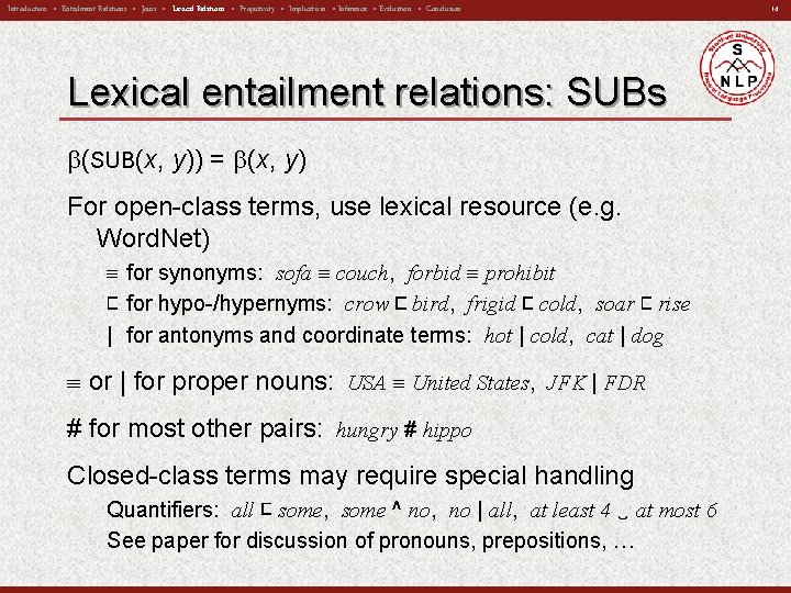 Introduction • Entailment Relations • Joins • Lexical Relations • Projectivity • Implicatives •