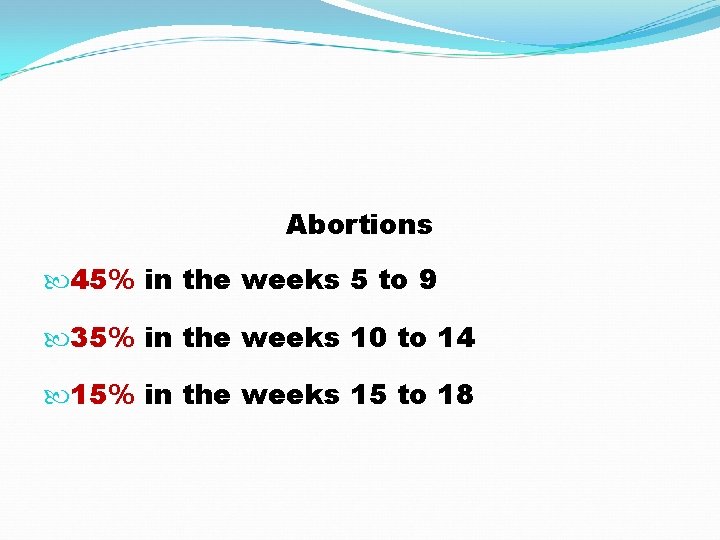 Abortions 45% in the weeks 5 to 9 35% in the weeks 10 to