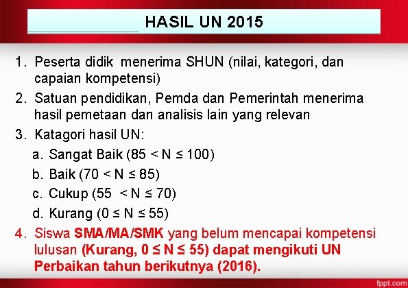 HASIL UN 2015 1. Peserta didik menerima SHUN (nilai, kategori, dan capaian kompetensi) 2.