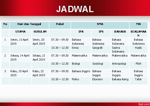 JADWAL No Hari dan Tanggal UTAMA 1 2 3 Senin, 13 April 2015 Selasa,