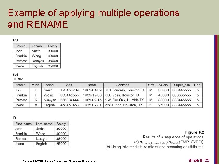 Example of applying multiple operations and RENAME Copyright © 2007 Ramez Elmasri and Shamkant