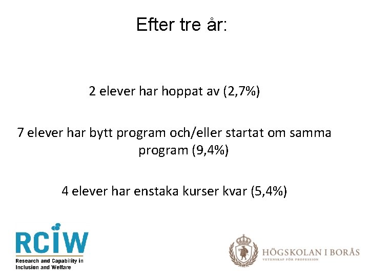 Efter tre år: 2 elever har hoppat av (2, 7%) 7 elever har bytt