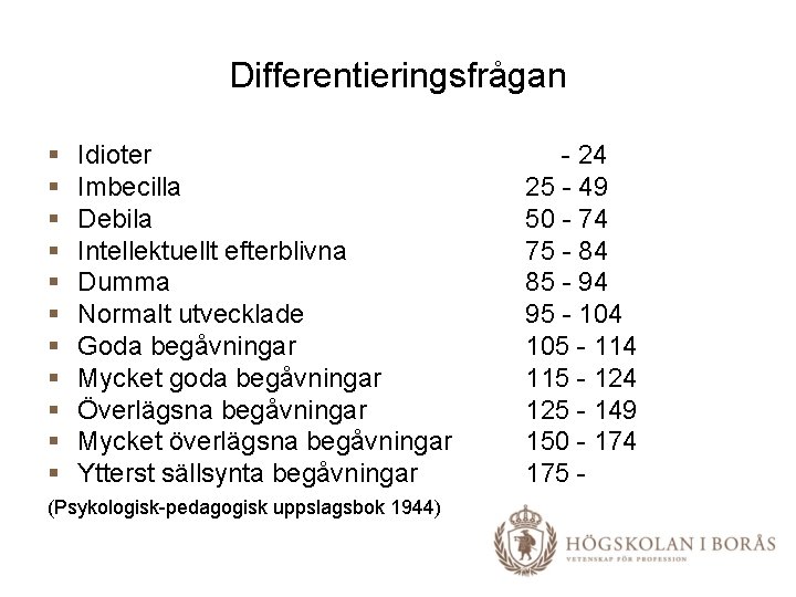 Differentieringsfrågan § § § Idioter Imbecilla Debila Intellektuellt efterblivna Dumma Normalt utvecklade Goda begåvningar