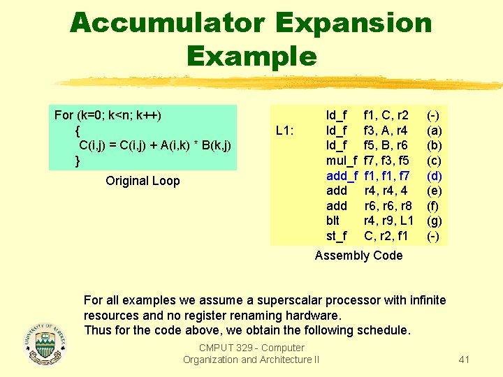 Accumulator Expansion Example For (k=0; k<n; k++) { C(i, j) = C(i, j) +