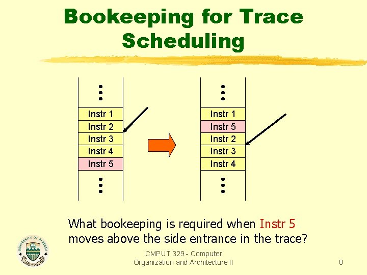 Bookeeping for Trace Scheduling Instr 1 Instr 2 Instr 3 Instr 4 Instr 5