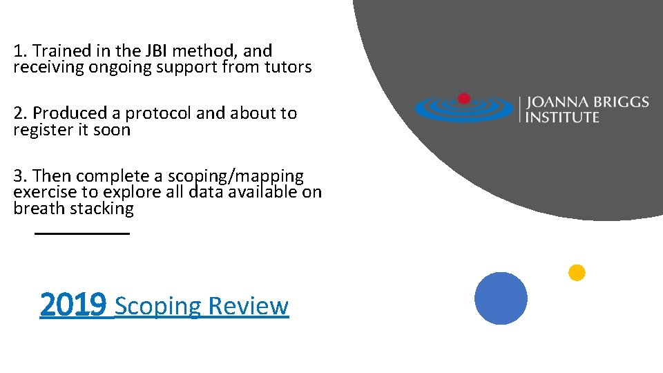 1. Trained in the JBI method, and receiving ongoing support from tutors 2. Produced