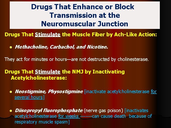 Drugs That Enhance or Block Transmission at the Neuromuscular Junction Drugs That Stimulate the