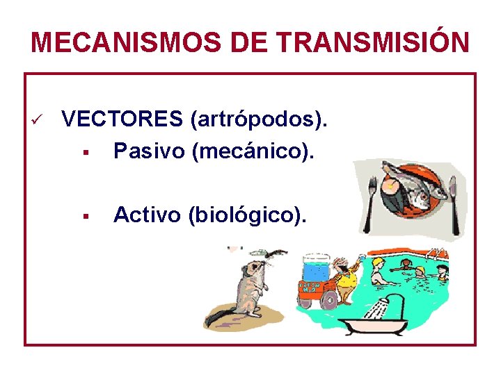 MECANISMOS DE TRANSMISIÓN ü VECTORES (artrópodos). § Pasivo (mecánico). § Activo (biológico). 