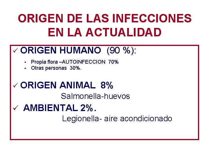 ORIGEN DE LAS INFECCIONES EN LA ACTUALIDAD ü ORIGEN HUMANO (90 %): § §