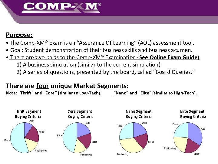 Purpose: • The Comp-XM® Exam is an “Assurance Of Learning” (AOL) assessment tool. •