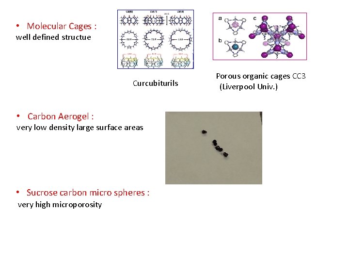  • Molecular Cages : well defined structue Curcubiturils • Carbon Aerogel : very