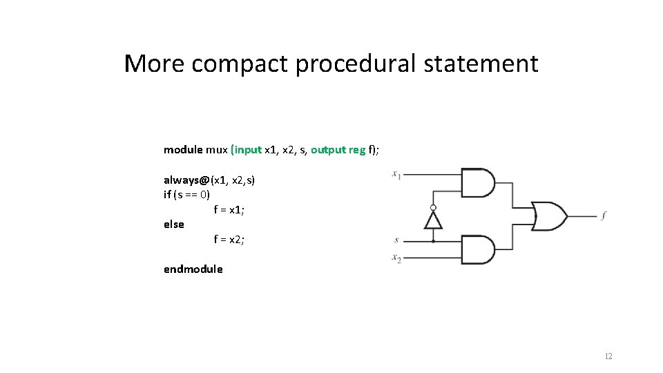 More compact procedural statement module mux (input x 1, x 2, s, output reg More compact procedural statement module mux (input x 1, x 2, s, output reg
