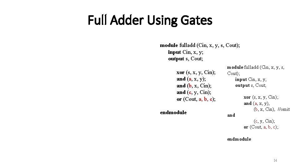Full Adder Using Gates module fulladd (Cin, x, y, s, Cout); input Cin, x,