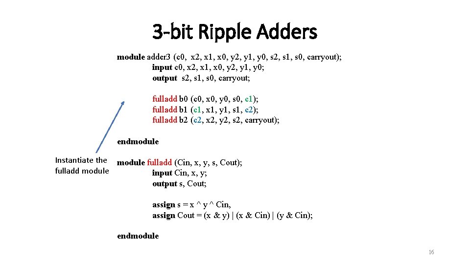 3 -bit Ripple Adders module adder 3 (c 0, x 2, x 1, x 3 -bit Ripple Adders module adder 3 (c 0, x 2, x 1, x