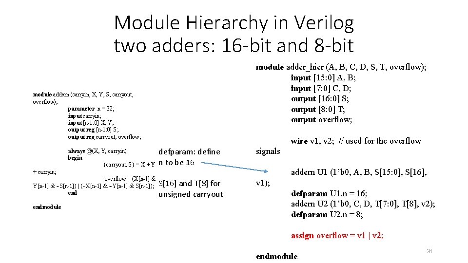 Module Hierarchy in Verilog two adders: 16 -bit and 8 -bit module addern (carryin,