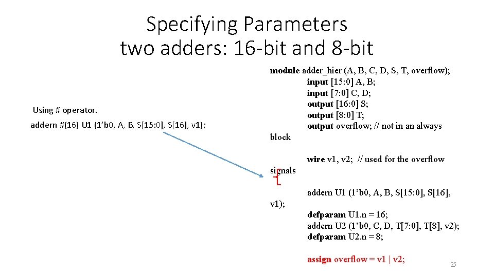 Specifying Parameters two adders: 16 -bit and 8 -bit Using # operator. addern #(16)