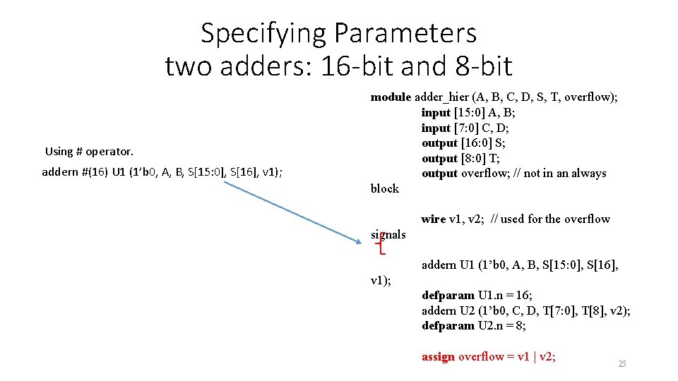 Specifying Parameters two adders: 16 -bit and 8 -bit Using # operator. addern #(16) Specifying Parameters two adders: 16 -bit and 8 -bit Using # operator. addern #(16)