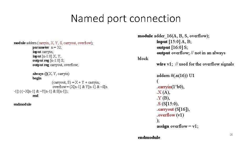Named port connection module addern (carryin, X, Y, S, carryout, overflow); parameter n =