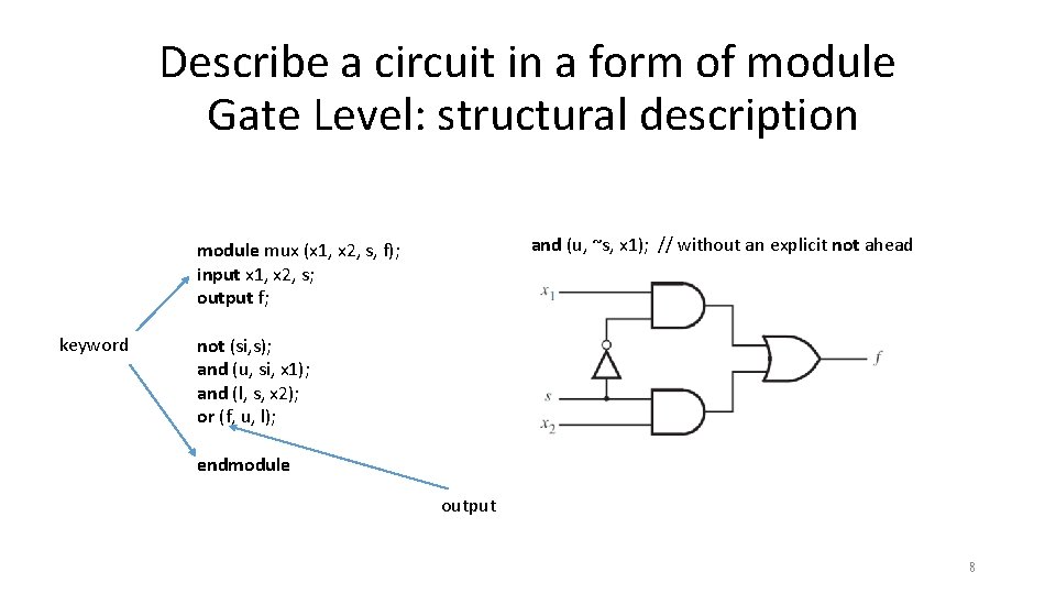 Describe a circuit in a form of module Gate Level: structural description and (u,