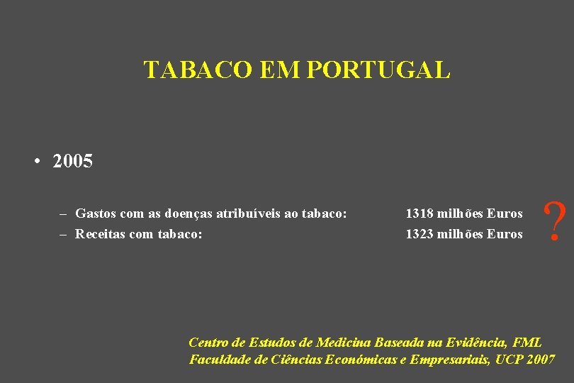 TABACO EM PORTUGAL • 2005 – Gastos com as doenças atribuíveis ao tabaco: –