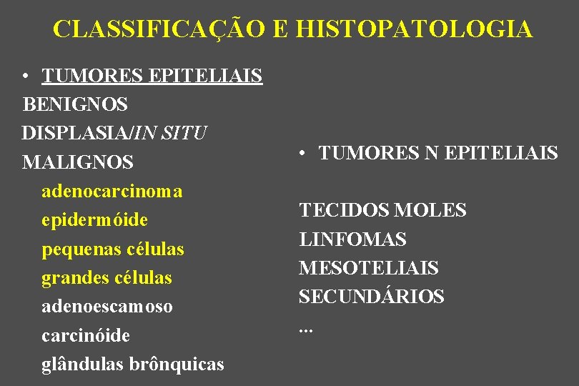 CLASSIFICAÇÃO E HISTOPATOLOGIA • TUMORES EPITELIAIS BENIGNOS DISPLASIA/IN SITU MALIGNOS adenocarcinoma epidermóide pequenas células