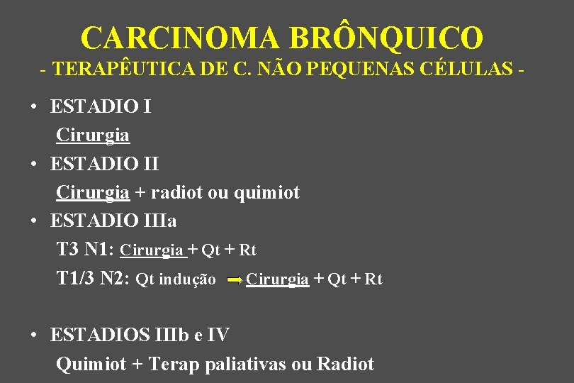 CARCINOMA BRÔNQUICO - TERAPÊUTICA DE C. NÃO PEQUENAS CÉLULAS - • ESTADIO I Cirurgia