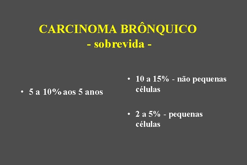 CARCINOMA BRÔNQUICO - sobrevida - • 5 a 10% aos 5 anos • 10