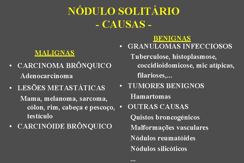 NÓDULO SOLITÁRIO - CAUSAS BENIGNAS • GRANULOMAS INFECCIOSOS MALIGNAS Tuberculose, histoplasmose, coccidioidomicose, mic atípicas,