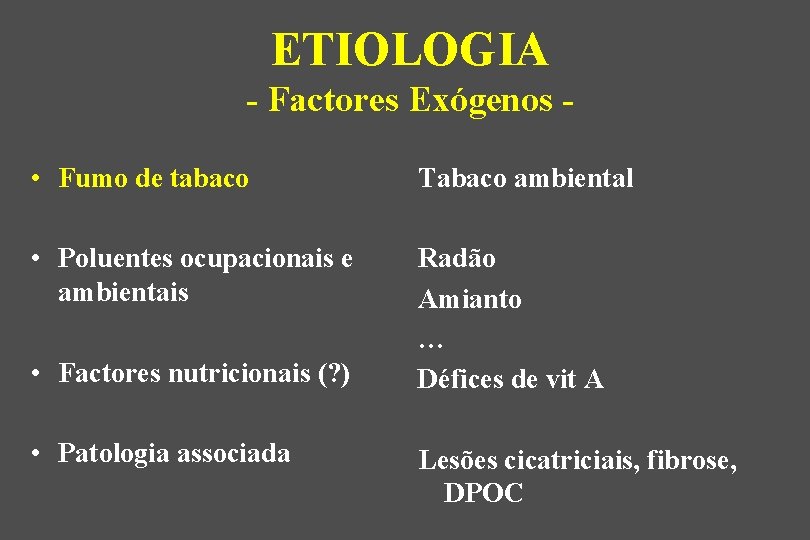 ETIOLOGIA - Factores Exógenos • Fumo de tabaco Tabaco ambiental • Poluentes ocupacionais e