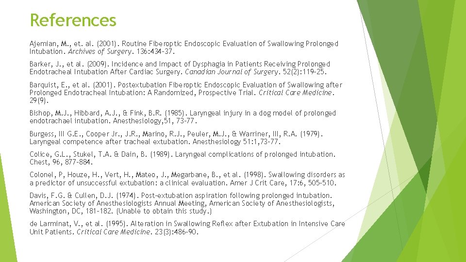 References Ajemian, M. , et. al. (2001). Routine Fiberoptic Endoscopic Evaluation of Swallowing Prolonged