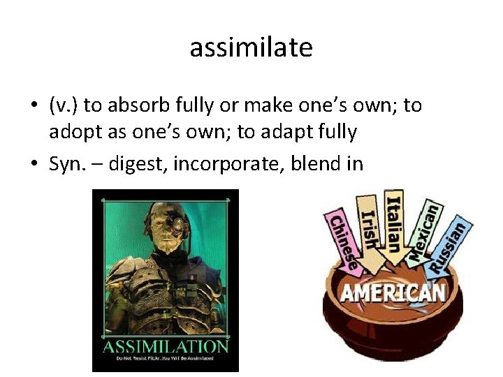 assimilate • (v. ) to absorb fully or make one’s own; to adopt as