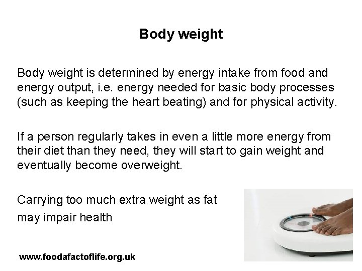 Body weight is determined by energy intake from food and energy output, i. e.