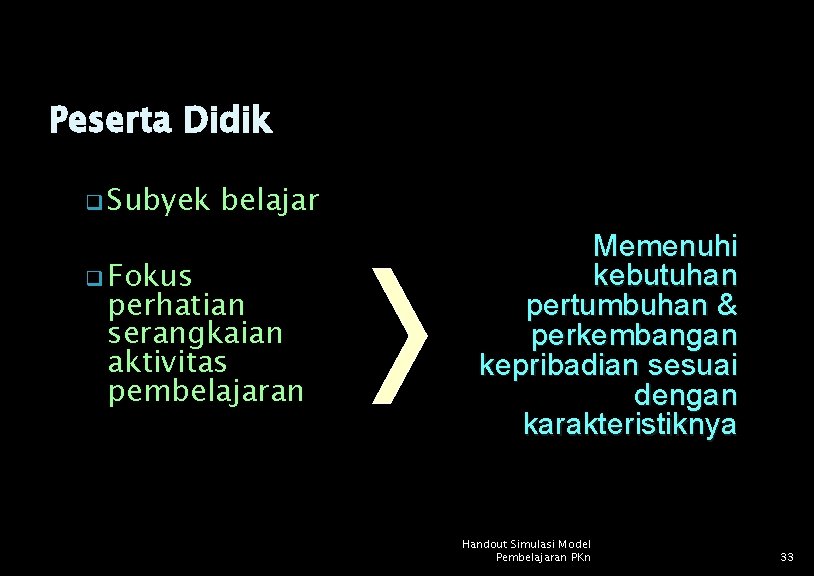 Peserta Didik q Subyek q Fokus belajar perhatian serangkaian aktivitas pembelajaran Memenuhi kebutuhan pertumbuhan