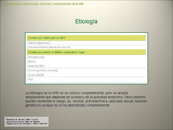 Epidemiología, patofisiología, síntomas y complicaciones de la HBP Etiología La etiología de la HPB