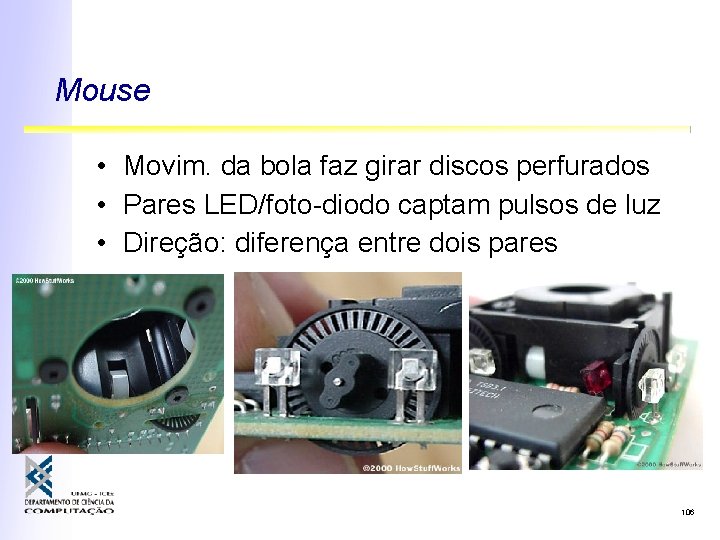 Mouse • Movim. da bola faz girar discos perfurados • Pares LED/foto-diodo captam pulsos