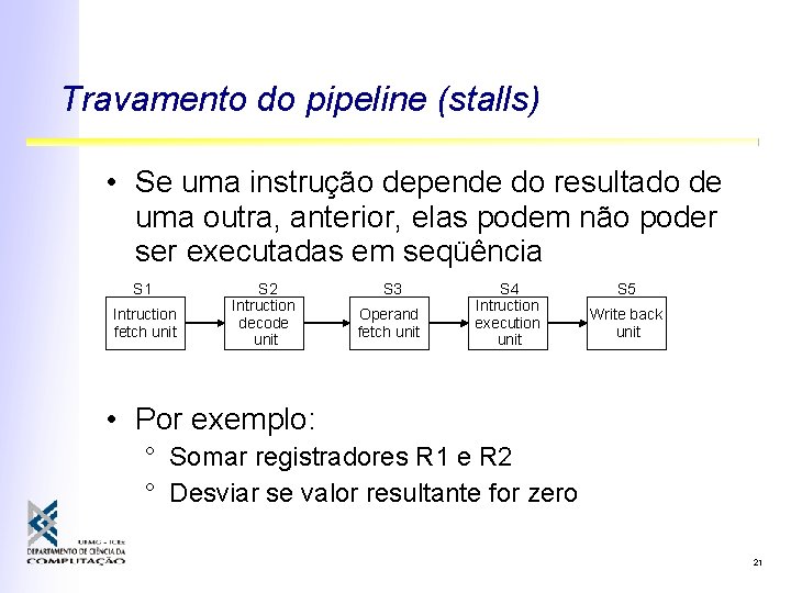 Travamento do pipeline (stalls) • Se uma instrução depende do resultado de uma outra,