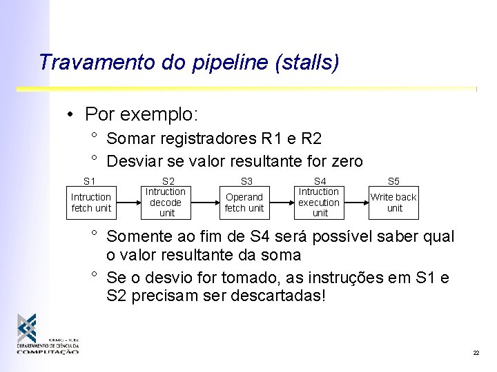 Travamento do pipeline (stalls) • Por exemplo: ° Somar registradores R 1 e R