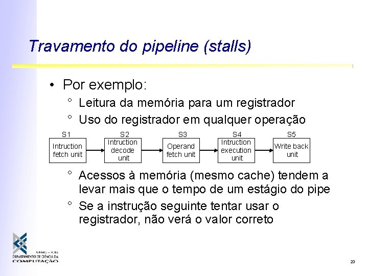Travamento do pipeline (stalls) • Por exemplo: ° Leitura da memória para um registrador Travamento do pipeline (stalls) • Por exemplo: ° Leitura da memória para um registrador