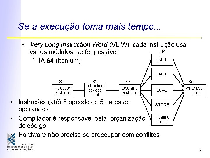 Se a execução toma mais tempo. . . • Very Long Instruction Word (VLIW):