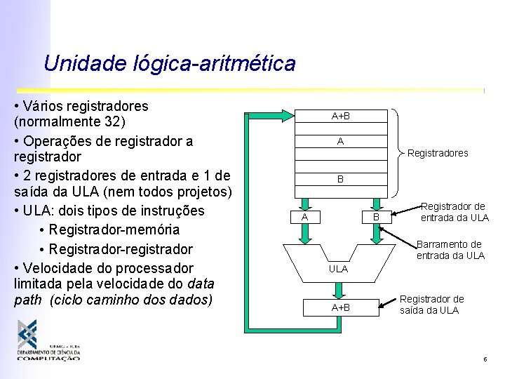 Unidade lógica-aritmética • Vários registradores (normalmente 32) • Operações de registrador a registrador • Unidade lógica-aritmética • Vários registradores (normalmente 32) • Operações de registrador a registrador •