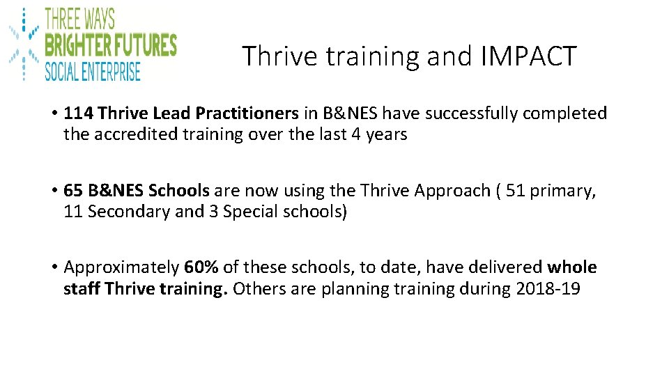 Thrive training and IMPACT • 114 Thrive Lead Practitioners in B&NES have successfully completed