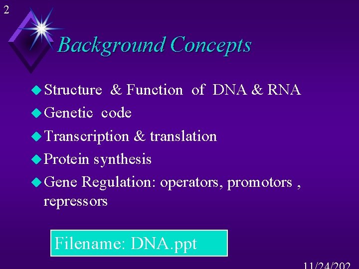 2 Background Concepts u Structure & Function of DNA & RNA u Genetic code