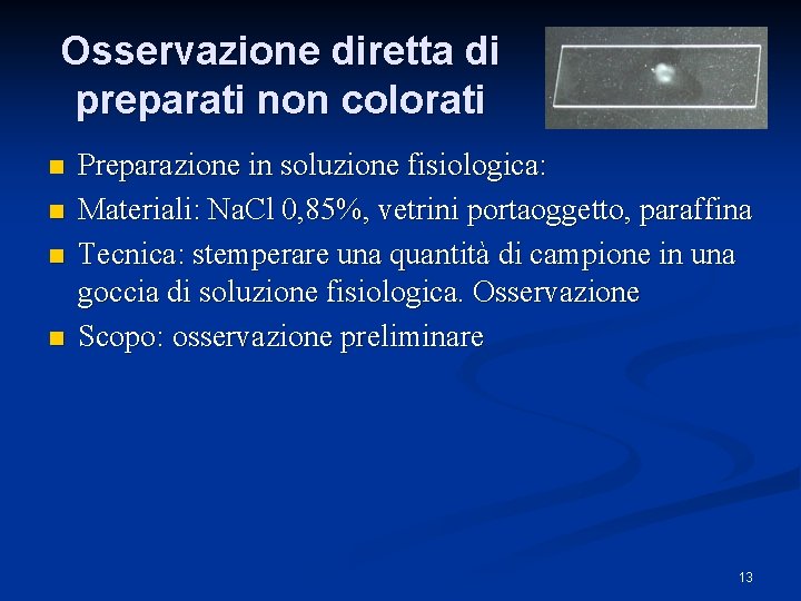 Osservazione diretta di preparati non colorati n n Preparazione in soluzione fisiologica: Materiali: Na.