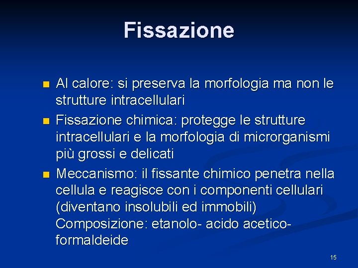 Fissazione n n n Al calore: si preserva la morfologia ma non le strutture
