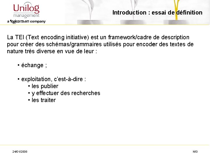 Introduction : essai de définition La TEI (Text encoding initiative) est un framework/cadre de