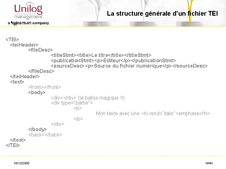 La structure générale d’un fichier TEI <TEI> <tei. Header> <file. Desc> <title. Stmt><title>Le titre</title></title.