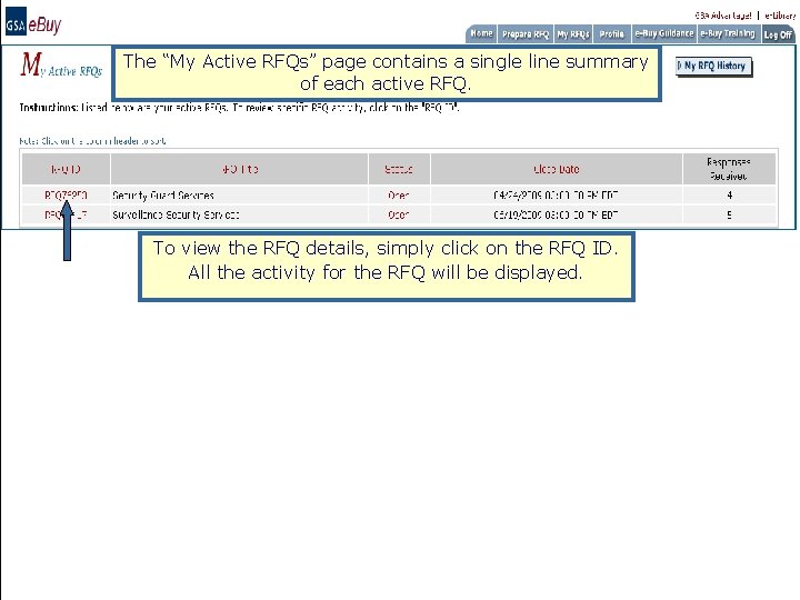 The “My Active RFQs” page contains a single line summary of each active RFQ.